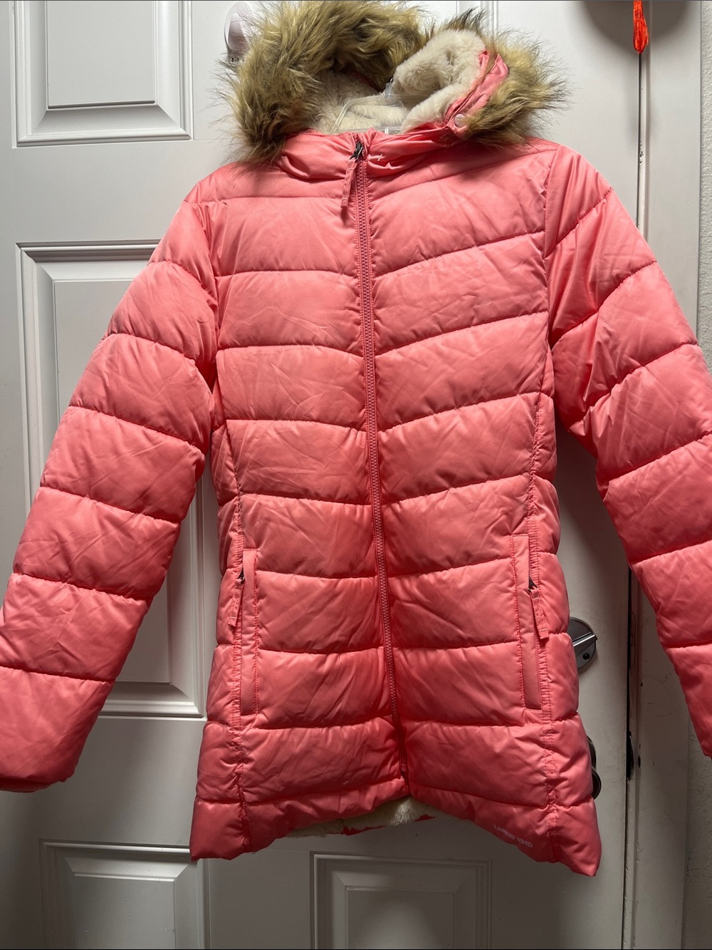 Lands' End Kids Coral Pink Puffer Coat with Faux Fur Trim L( 14-16)